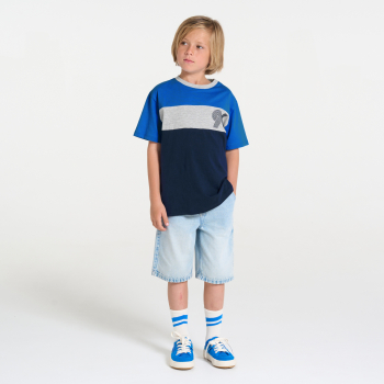 تيشيرت بأكمام قصيرة، بكتلة لون أزرق، للفتيان.الصغار.